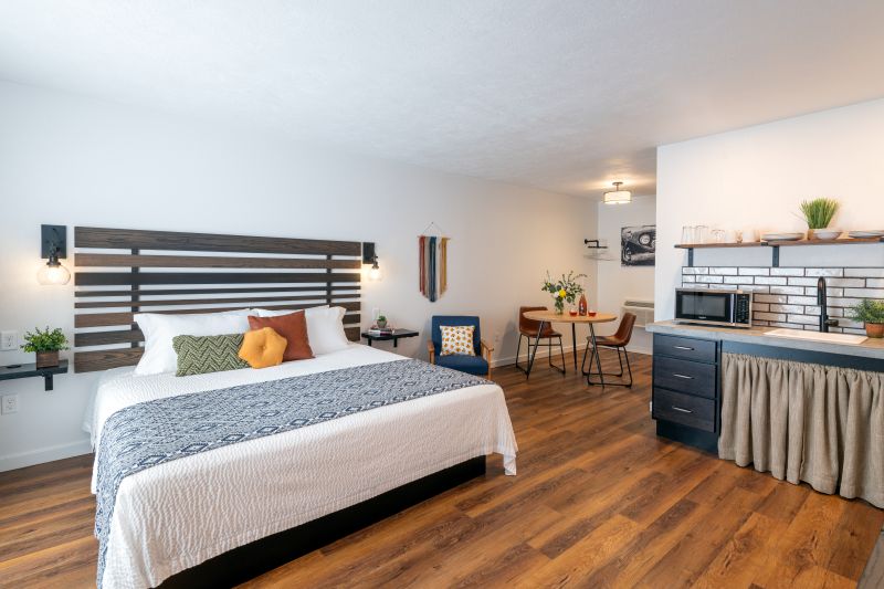 king bed and accessible kitchenette