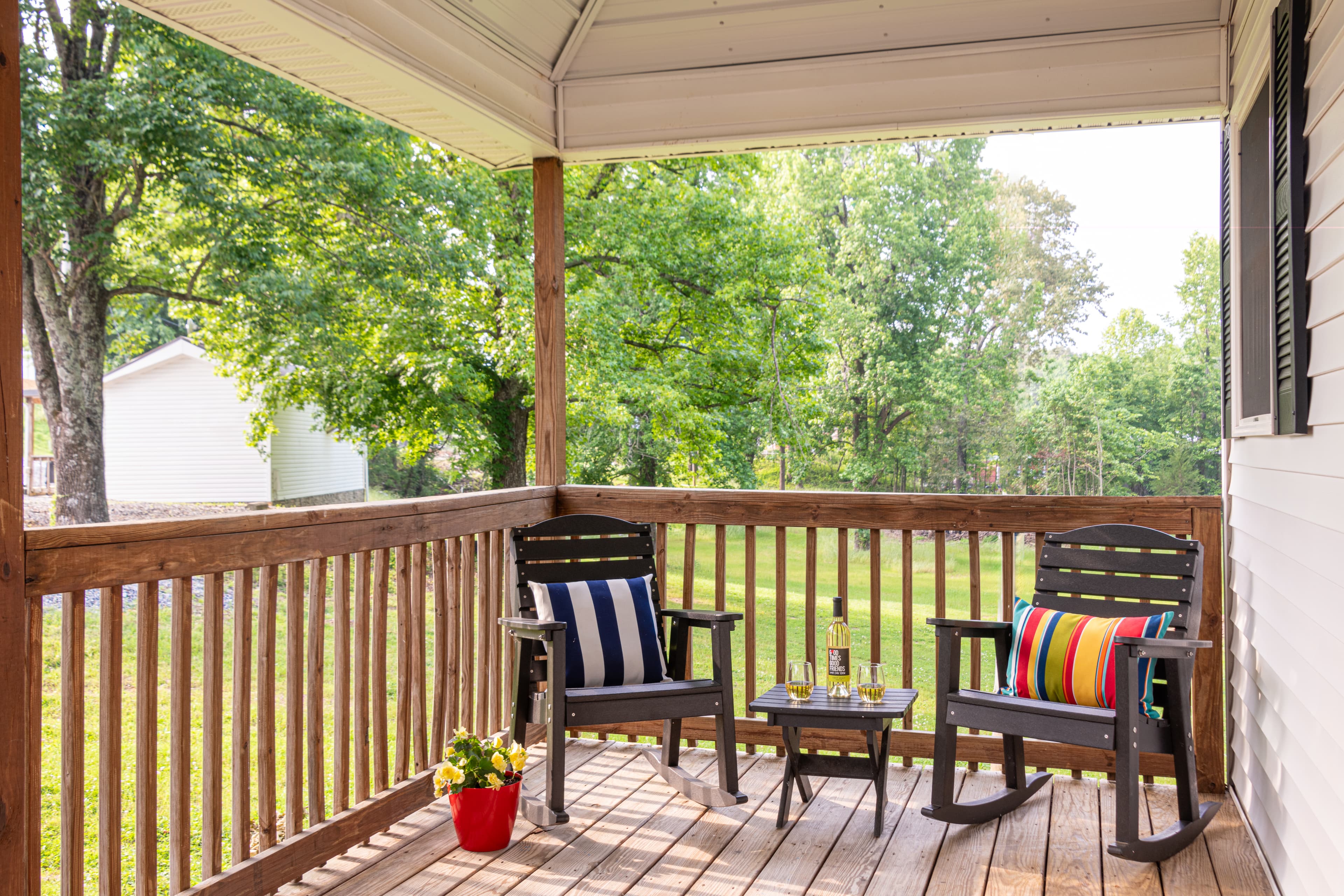 porch with black chairs