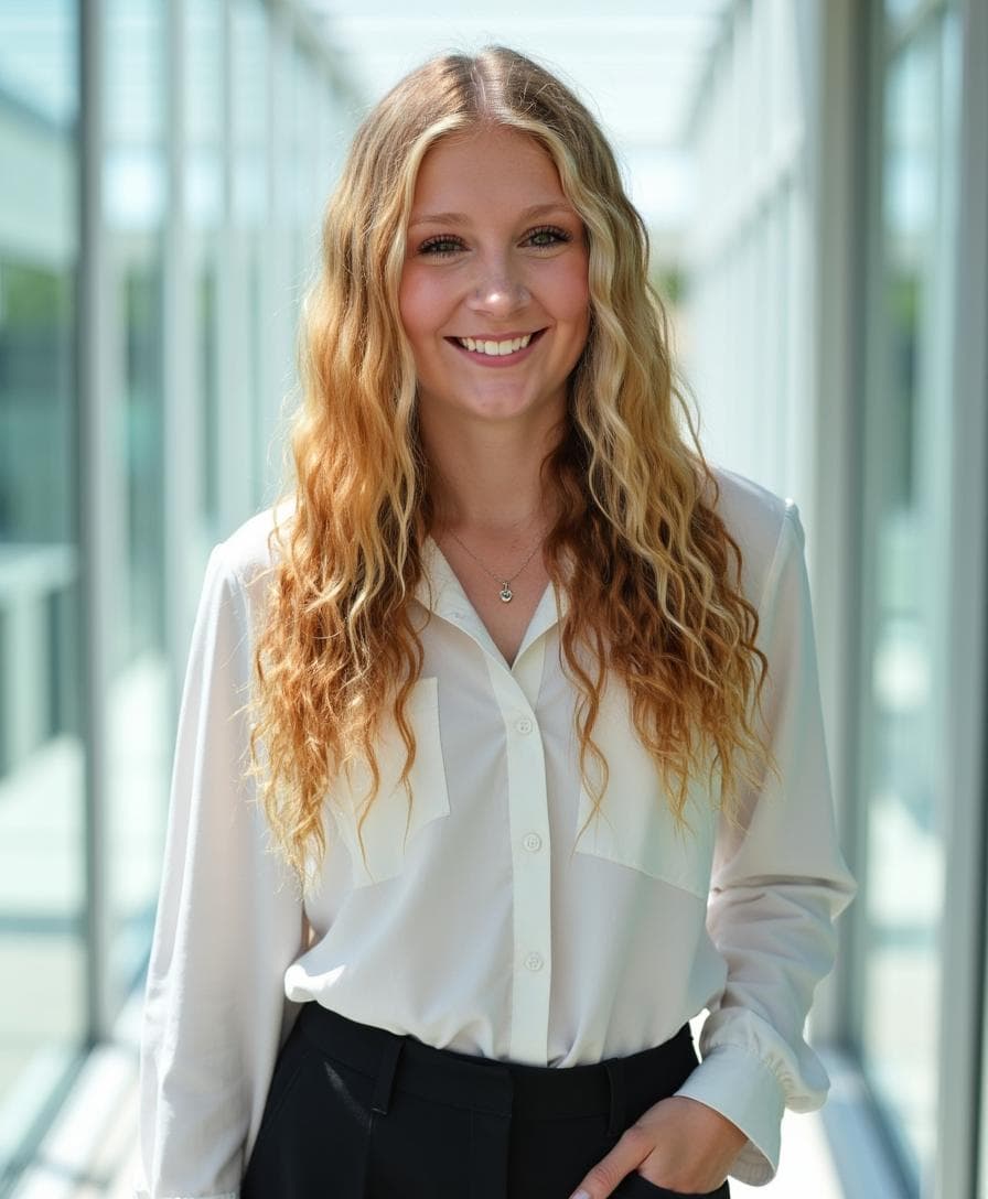A young woman with long, wavy hair smiles in a bright, modern indoor hallway, wearing a white blouse and black pants.