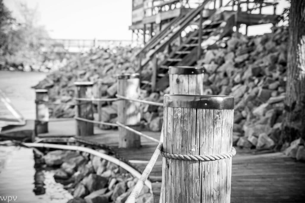 A black and white image of wooden posts along a curved walkway beside a body of water. A black and white image of wooden posts along a curved walkway beside a body of water.