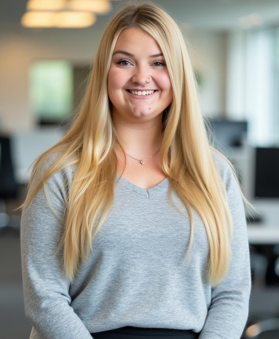 A smiling young woman with long blonde hair wearing a gray sweater stands in an office setting.