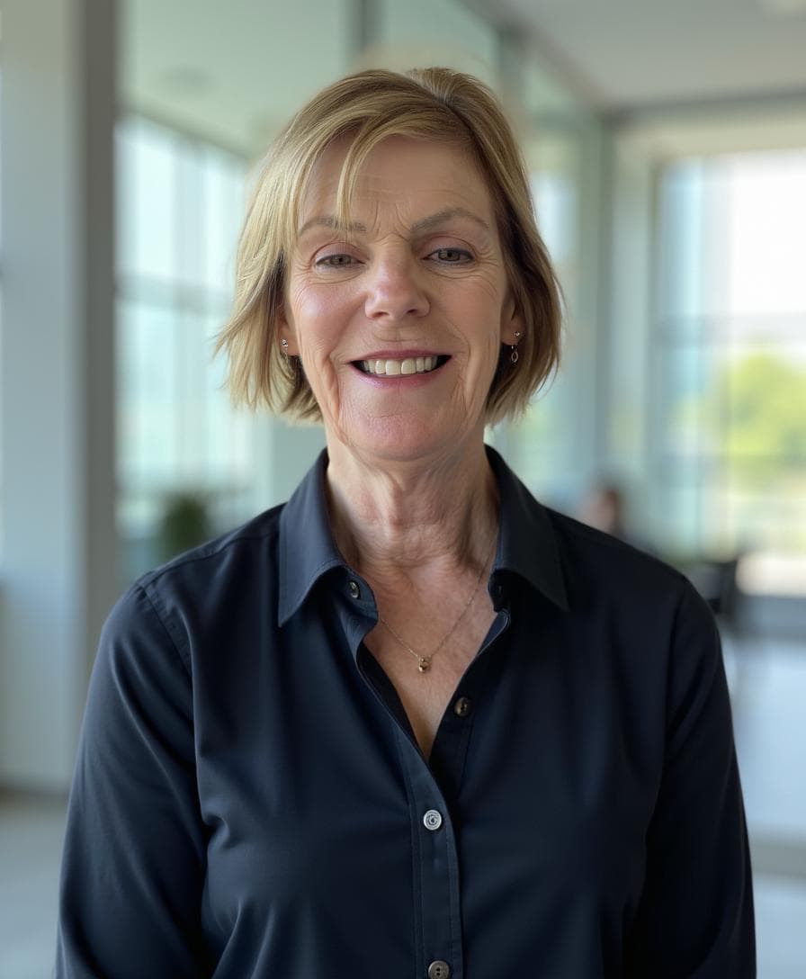 Smiling woman in a black shirt standing indoors with natural light.