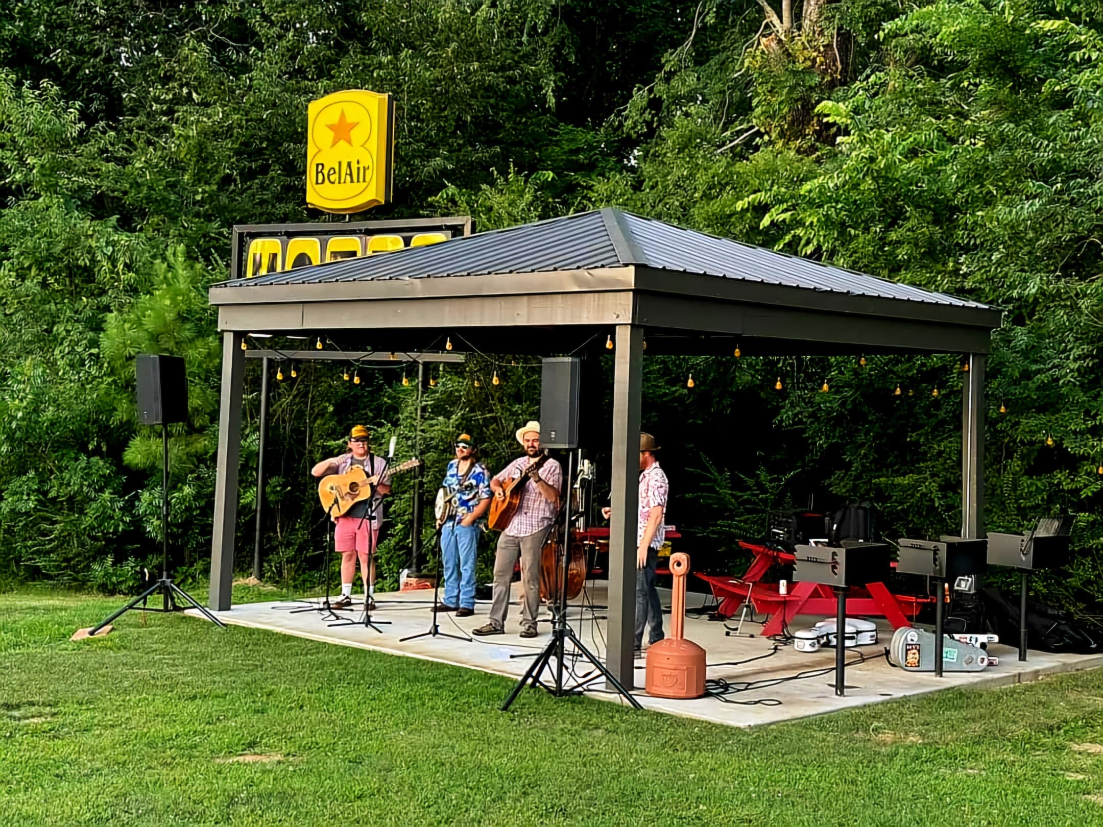 A band performs under a pavilion with string lights, surrounded by greenery and picnic tables.