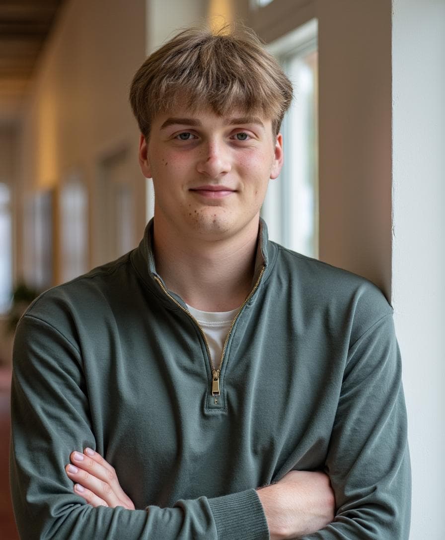 A young man with styled hair stands against a wall, crossing his arms and smiling softly.