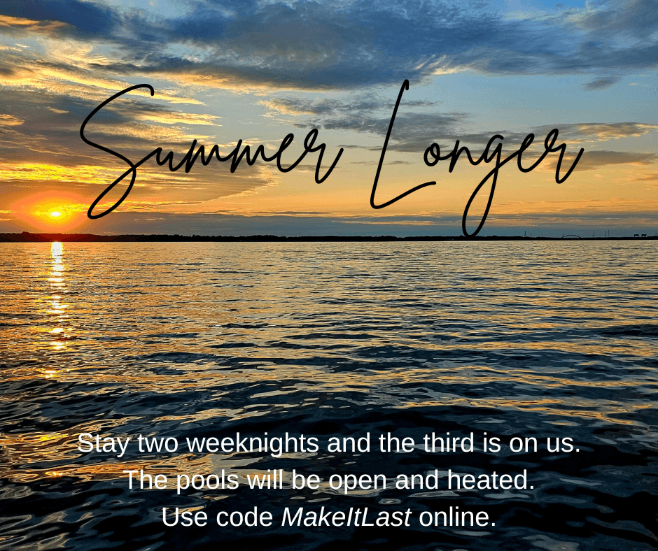 A sunset over calm waters with promotional text for a summer stay offer.
