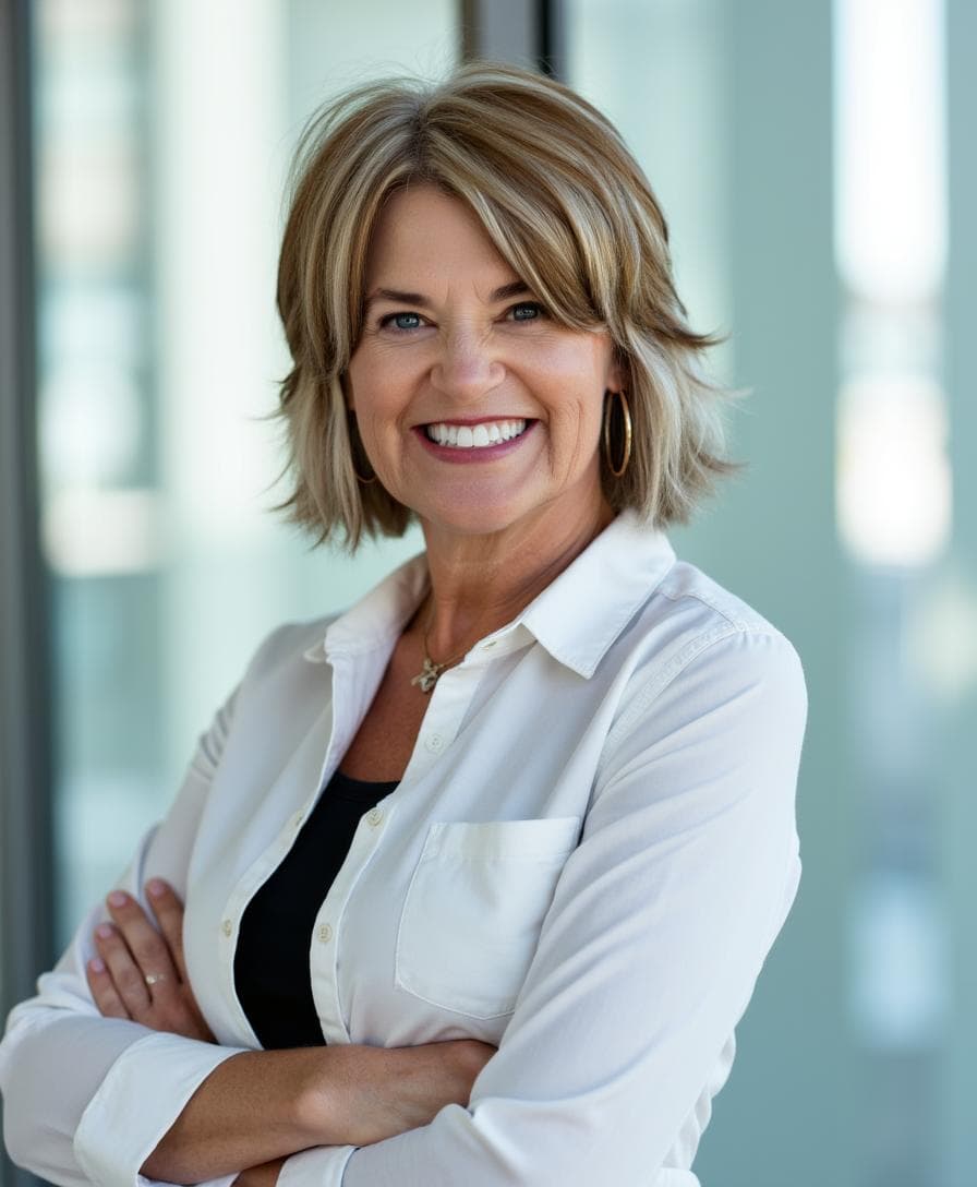 A smiling woman with shoulder-length hair, wearing a white shirt and black top, stands confidently with her arms crossed.