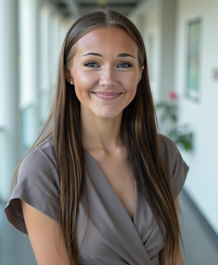 Portrait of a smiling woman with long brown hair, wearing a gray top, in a bright indoor setting.