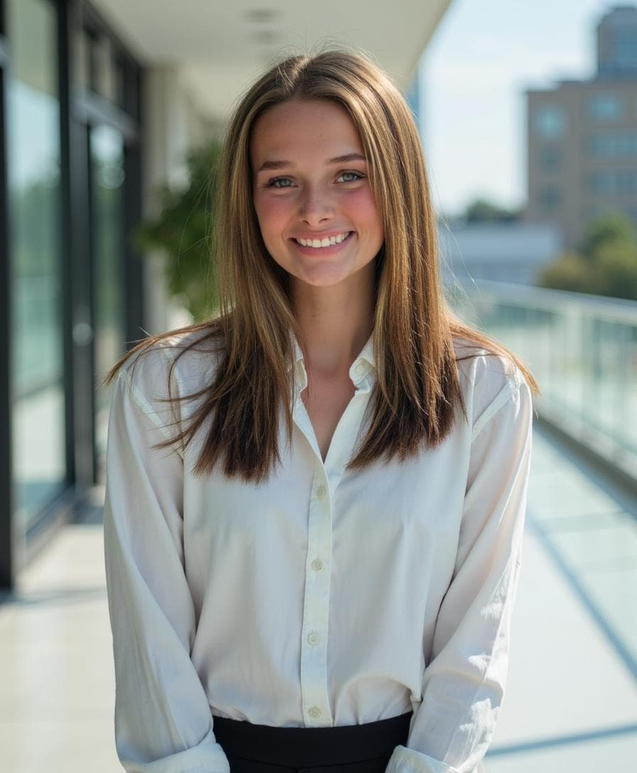 A young woman with long brown hair smiles while wearing a white button-up shirt in a bright, modern setting.