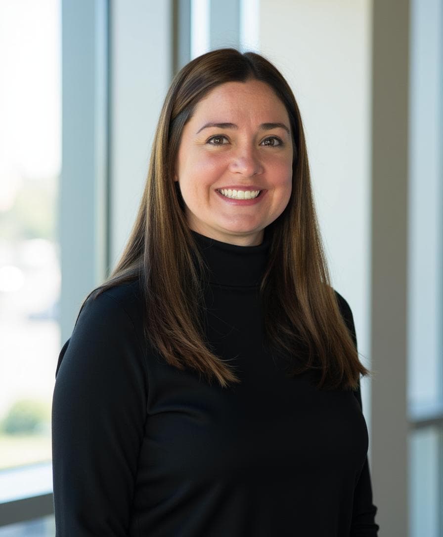 A woman in a black turtleneck smiles confidently against a backdrop of large windows.